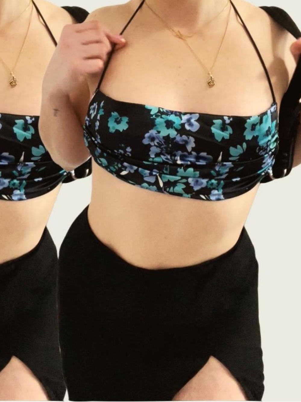 Floral Bandeau Bikini Top in Black and Teal